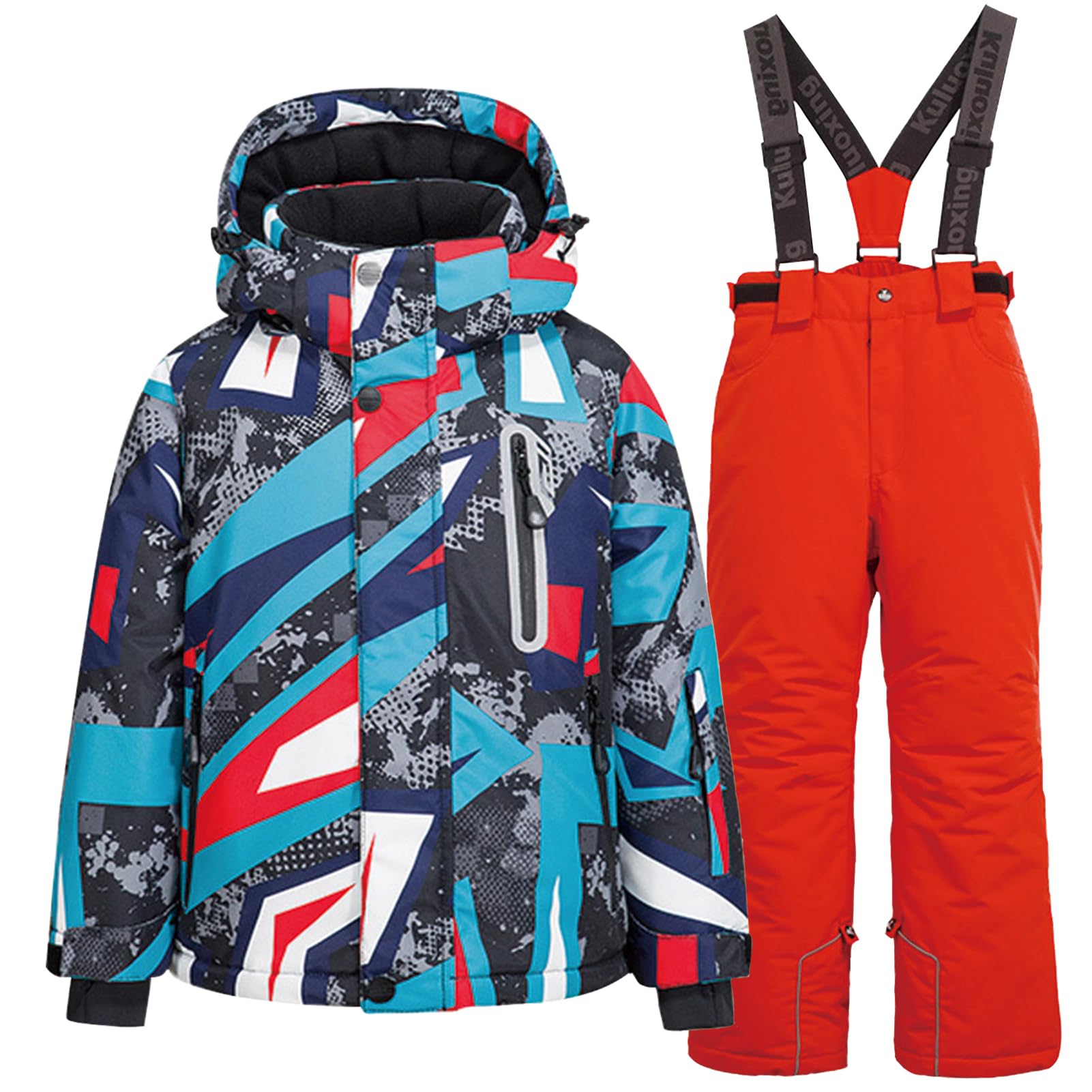 Conjunto de traje de esquí infantil de 2 piezas con capucha, traje de nieve impermeable a prueba de viento para niños y niñas, chaqueta de esquí cálida y pantalones de esquí, geométricos +
