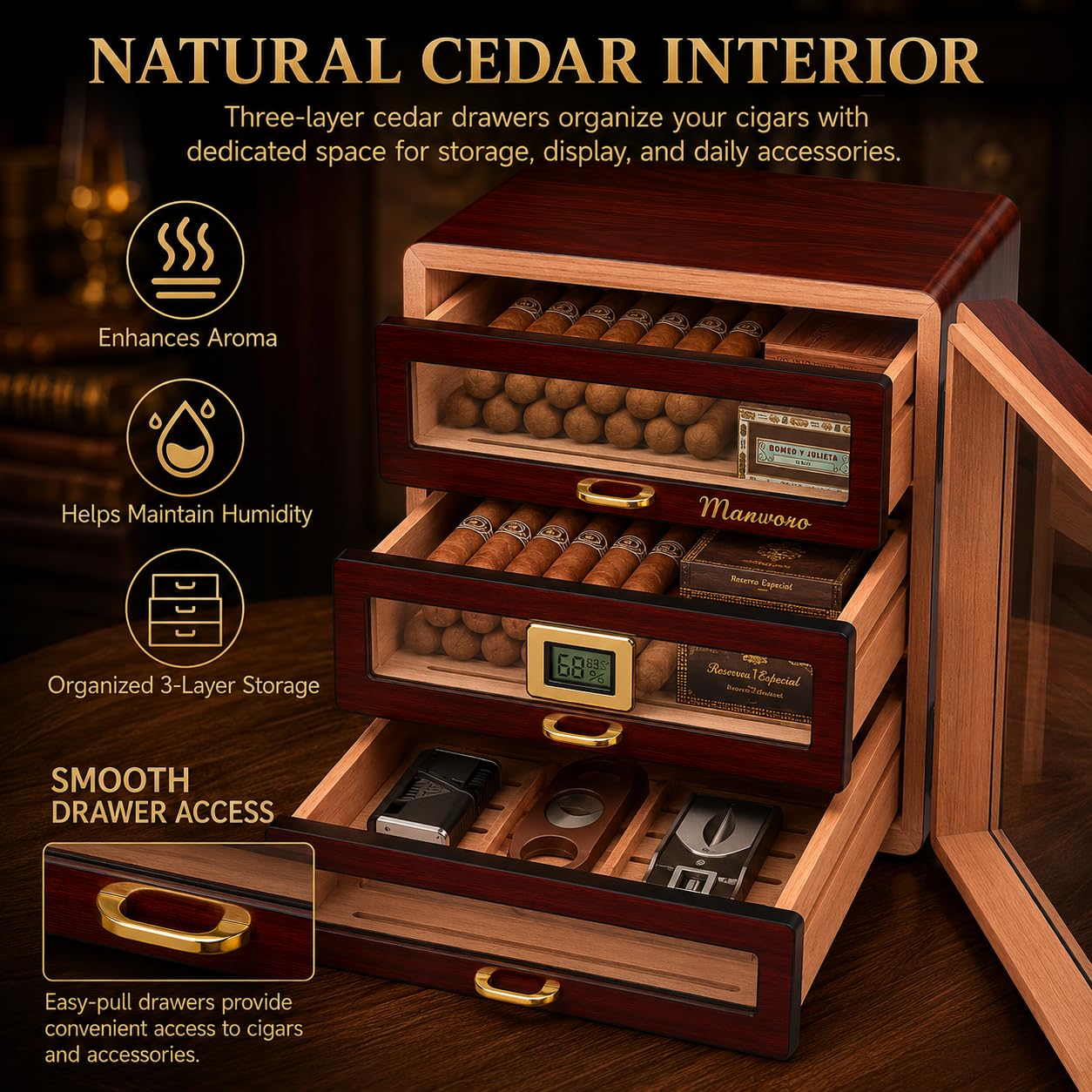 Humidor per sigari artigianali, sigari Humidor per sigari in legno di cedro per 150 sigari con igrometro digitale, 3 cassetti grandi, 3 umidificatore sigari