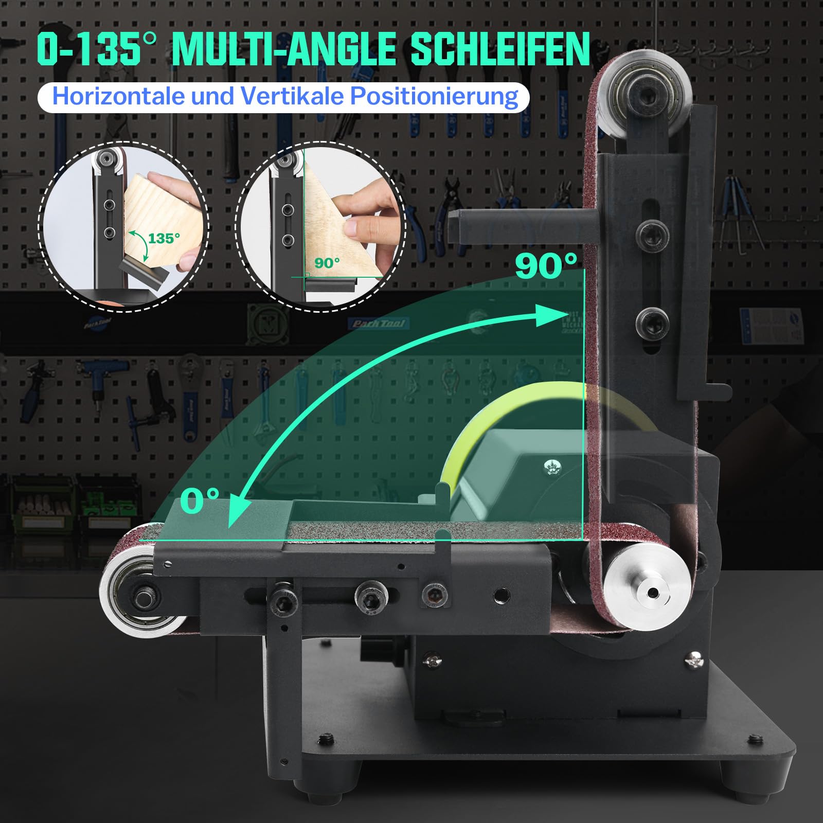 4-IN-1 Mini Tischkreissäge 350W mit LED-Voltanzeige, 0-90° Verstellbarer Bandschleifer mit 10 Schleifbänder, Doppelschleifmaschine, Multifunktionsgerät mit 7-stufig einstellbarer Geschwindigkeit