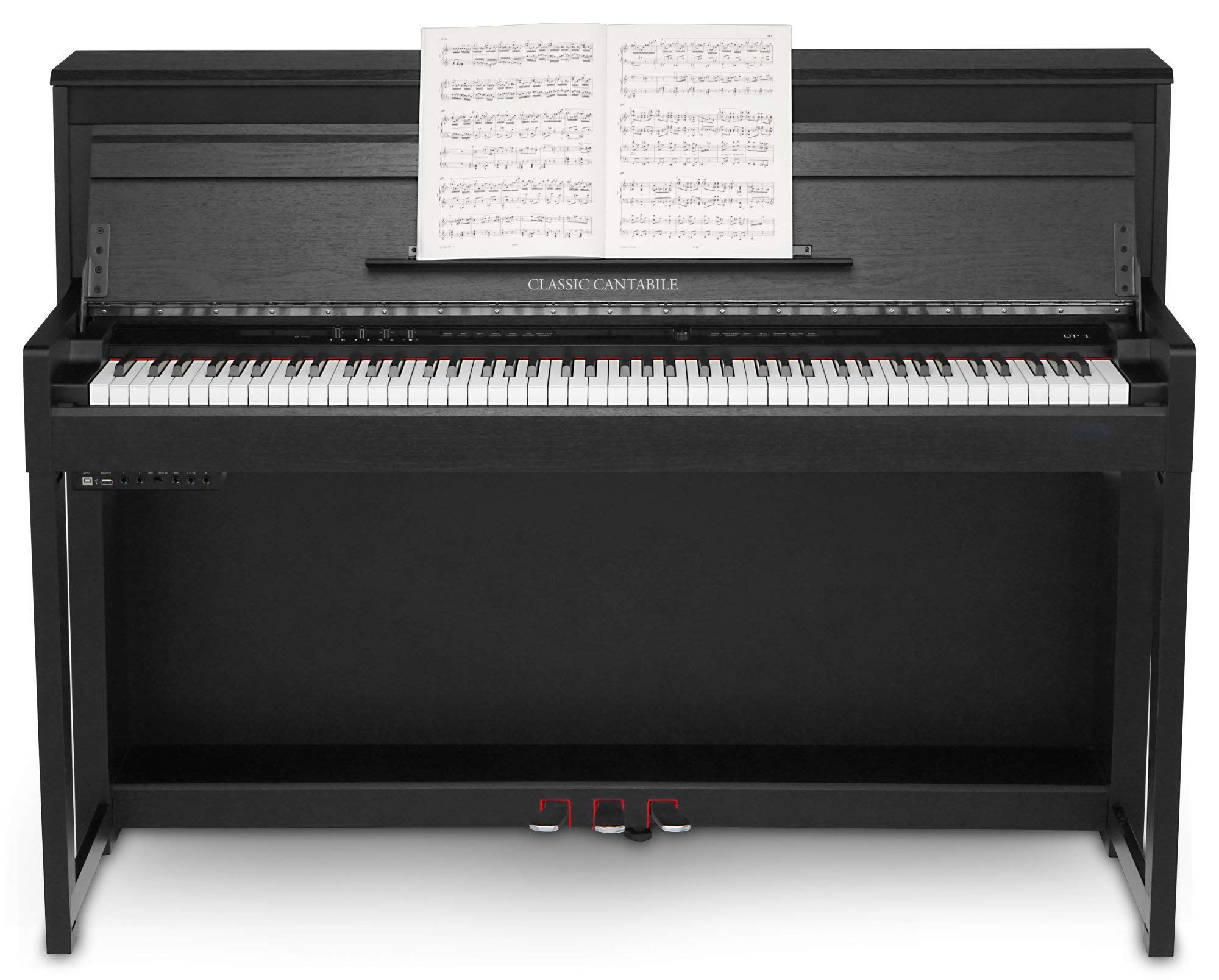 Classic Cantabile UP-1 SM Piano Droit Numérique - 88 Touches Clavier électronique à marteaux - Synthetiseur avec USB, MIDI, 40 voix, 256 polyphonie - Set avec Banc et Casque - Noir Mat | 88 touches lestées avec clavier Graded Hammer - Clavier avec surface