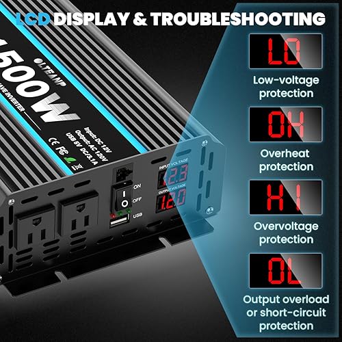 Miniatura 4 de OLTEANP Inversor de onda sinusoidal pura de 1500 W, 12 V CC a 110120 V, inversor de corriente alterna con 2 salidas de CA, puerto USB de 3.1 A,