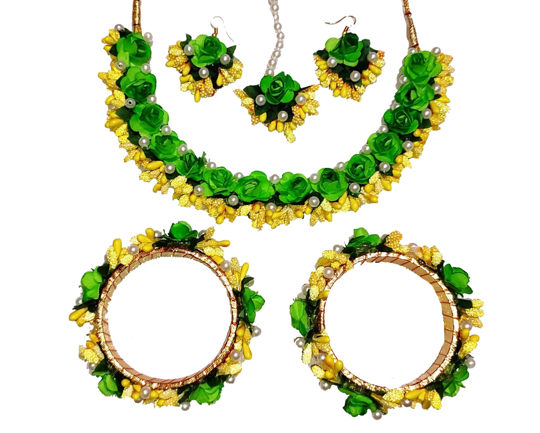 Your Handmade Store Yellow- Green satin flower jewellery Set- Necklace, Earings, Mangtika, Bangles for Girls/Women (Haldi/Mehandi/Bridal/Wedding/Baby shower)(Style5) (B095HQXF7M) Amazon Price History, Amazon Price Tracker