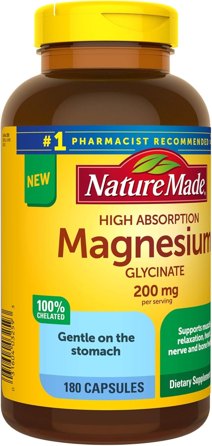 Nature Made High Absorption Magnesium Glycinate 200 mg, Supports Muscle Relaxation, Heart, Nerve, and Bone Health, Gentle on the Stomach, 100% Chelated, 180 Capsules : Everything Else
