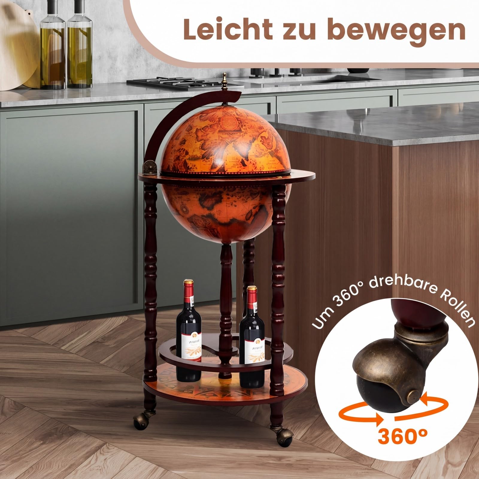 GIANTEX Globusbar mit 3 Rollen, Barwagen Weltkugel Cocktailbar mit Bodenplatte, Hausbar Minibar Tischbar Dekobar, Eukalyptusholz (braun)