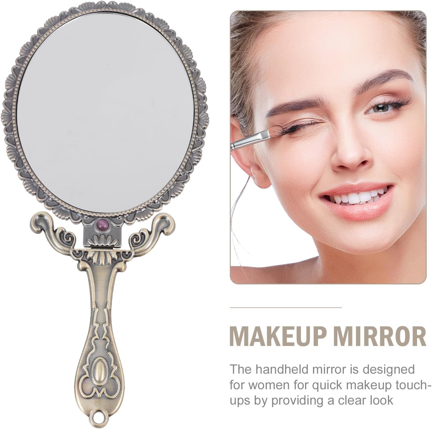 Vintage Foldable Hand Makeup Mirror with Rose Handle, Large Retro Portable Cosmetic Handheld Mirror for Travel and Vanity Use