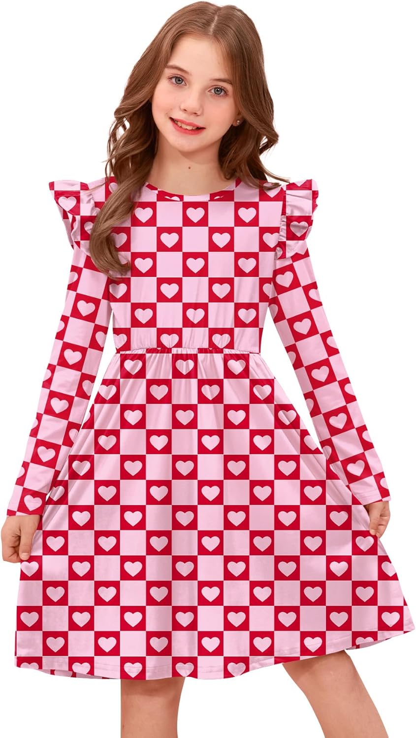 Girls Valentines Day Heart Dress St Patricks Day Ruffle Shoulder Midi Holiday Dresses 4-14 Years