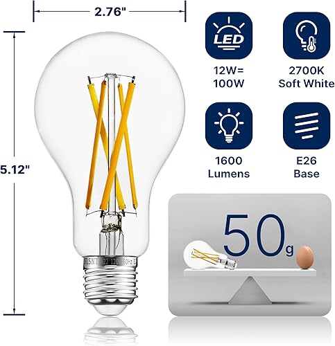 Miniatura 2 de FLSNT Bombillas LED A21 regulables equivalentes a 100 W, 12 W, 1600 lúmenes, blanco suave de 2700 K, CRI90, base media E26, vidrio transparente,