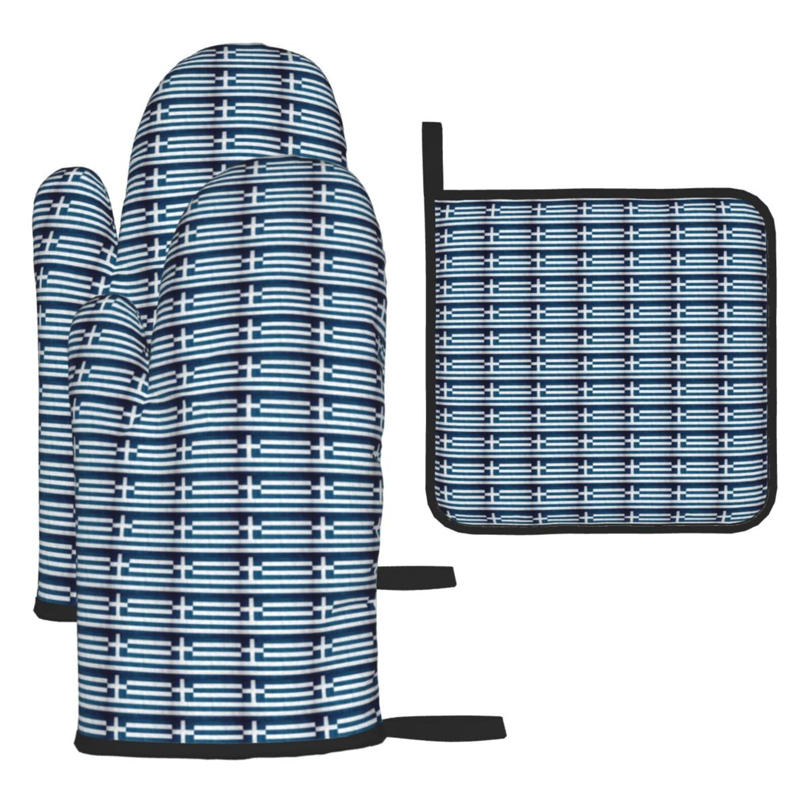 Greek Flag Print Oven Set Kitchen Gloves Baking Grilling Microwaving Cooking Gift Everyday Holiday