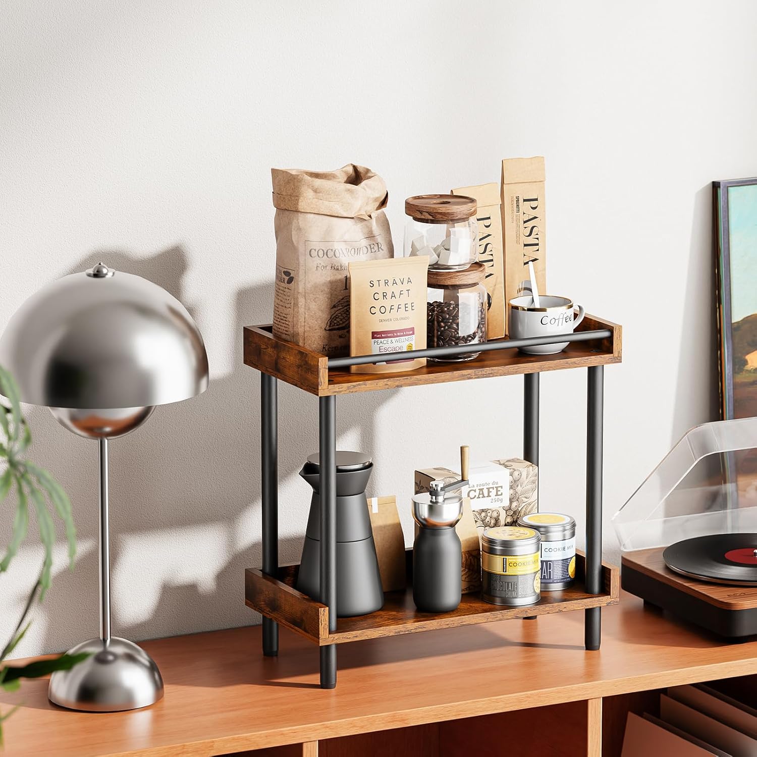 Coffee Bar Organizer and Kitchen Countertop Shelf - 2 Tier Spice Rack, Mug Holder, Storage Stand for Coffee Station Accessories Wooden Bathroom & Desk Organizers