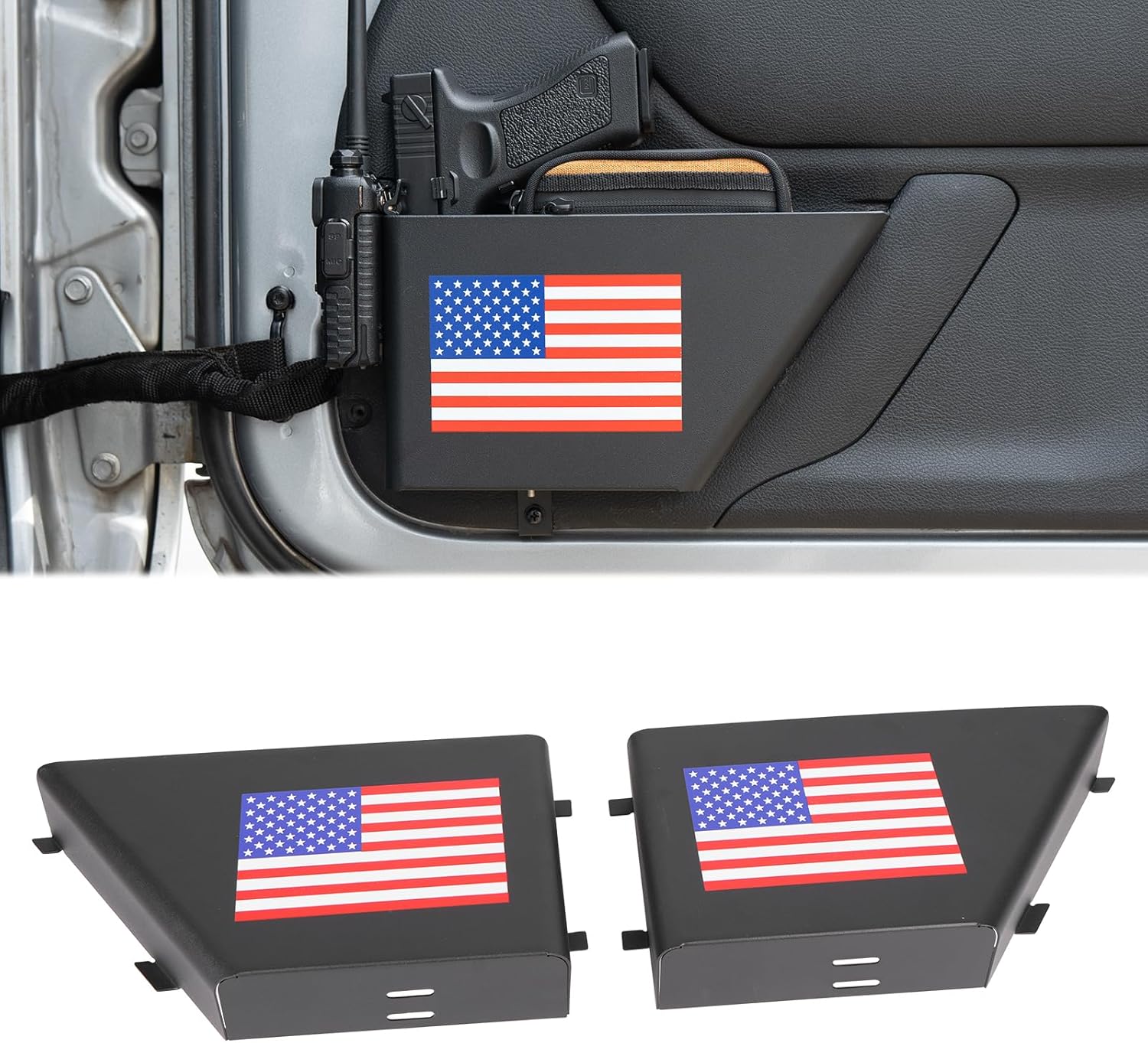 2 Pack Metal Front Door Storage Box with USA Flag Logo Compatible with Jeep Wrangler JK JKU 2011+,Door Side Insert Organizer Packet for JK Interior Door Storage Expansion Accessories