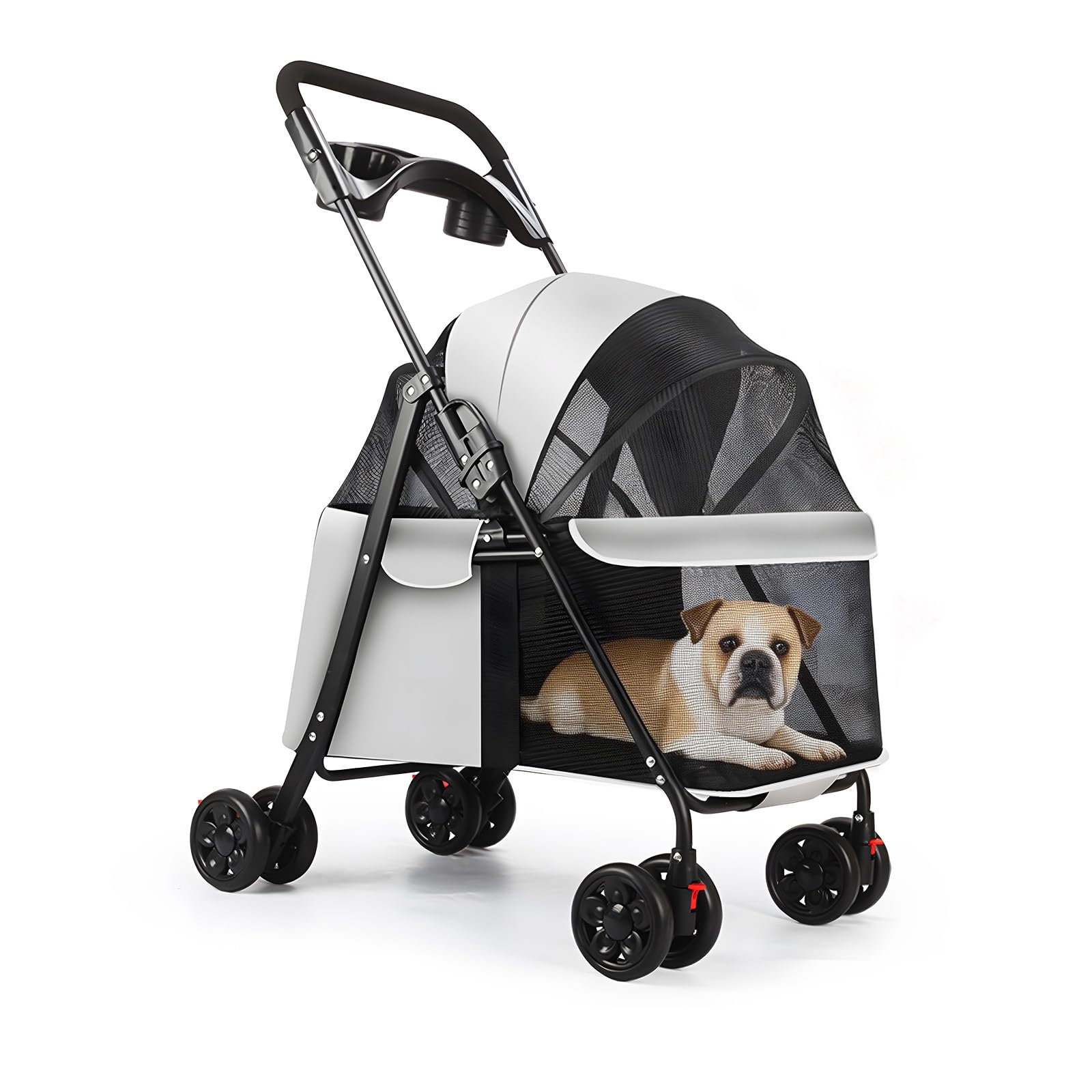 Pet Stroller for Small Medium Dogs Cats Pram 4 Wheels Folding Pushchair with Mesh Windows Cup Holder Removable Canopy Lightweight Outdoor Travel Capacity 20 kg (Light Grey)