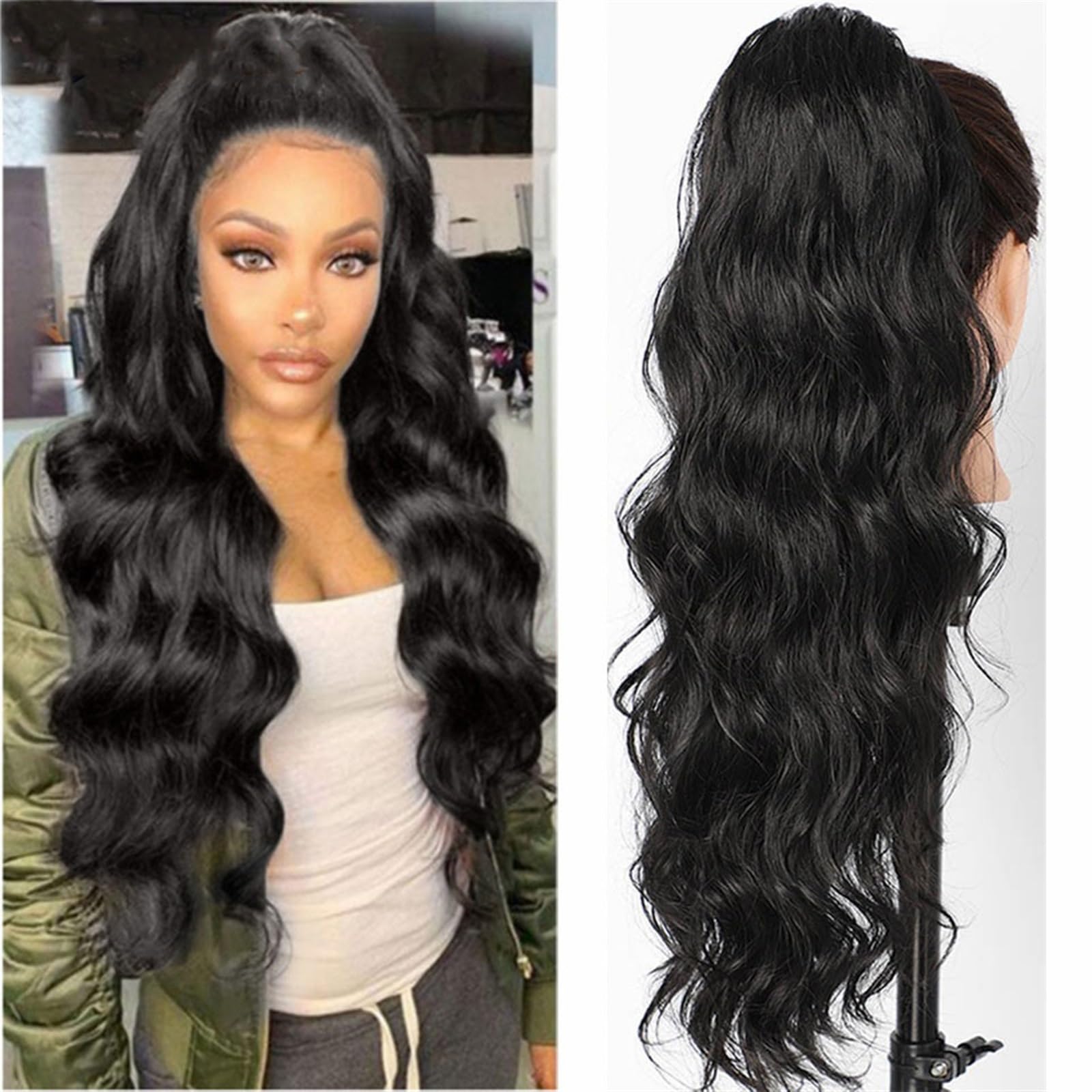 Przedłużenie kucyka Body Wave dla kobiet Długie faliste kucyk Ludzkie włosy spinka do ściągania w treski Czarna fala doczepiana Afroamerykanin Kucyk do codziennego użytku(22inches)