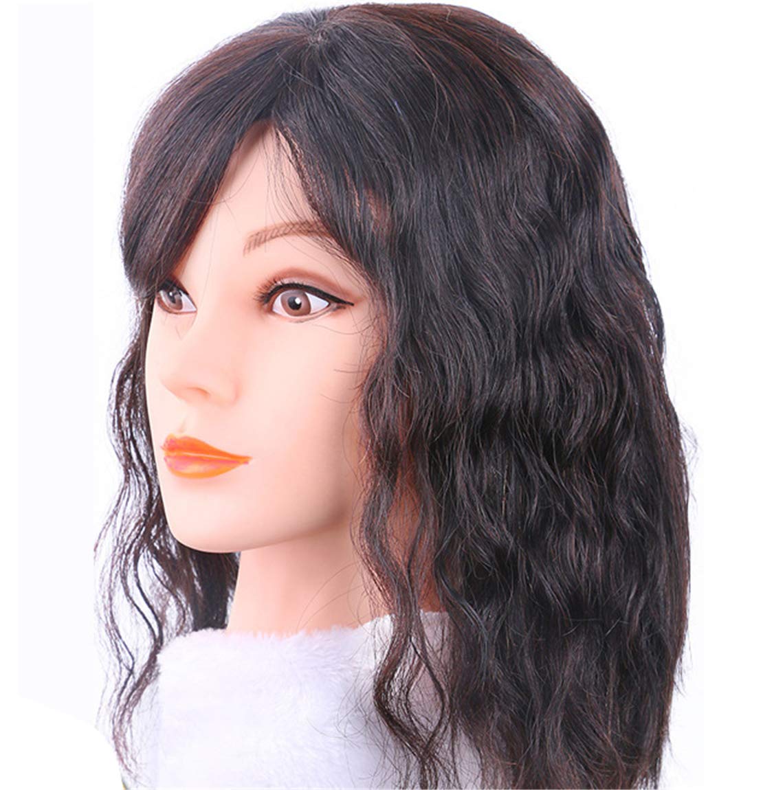 Hand Woven Mono Human Hair Topper Natural Curly Crown Closure Hairpiece with Bangs for Women, 6" Dark Brown