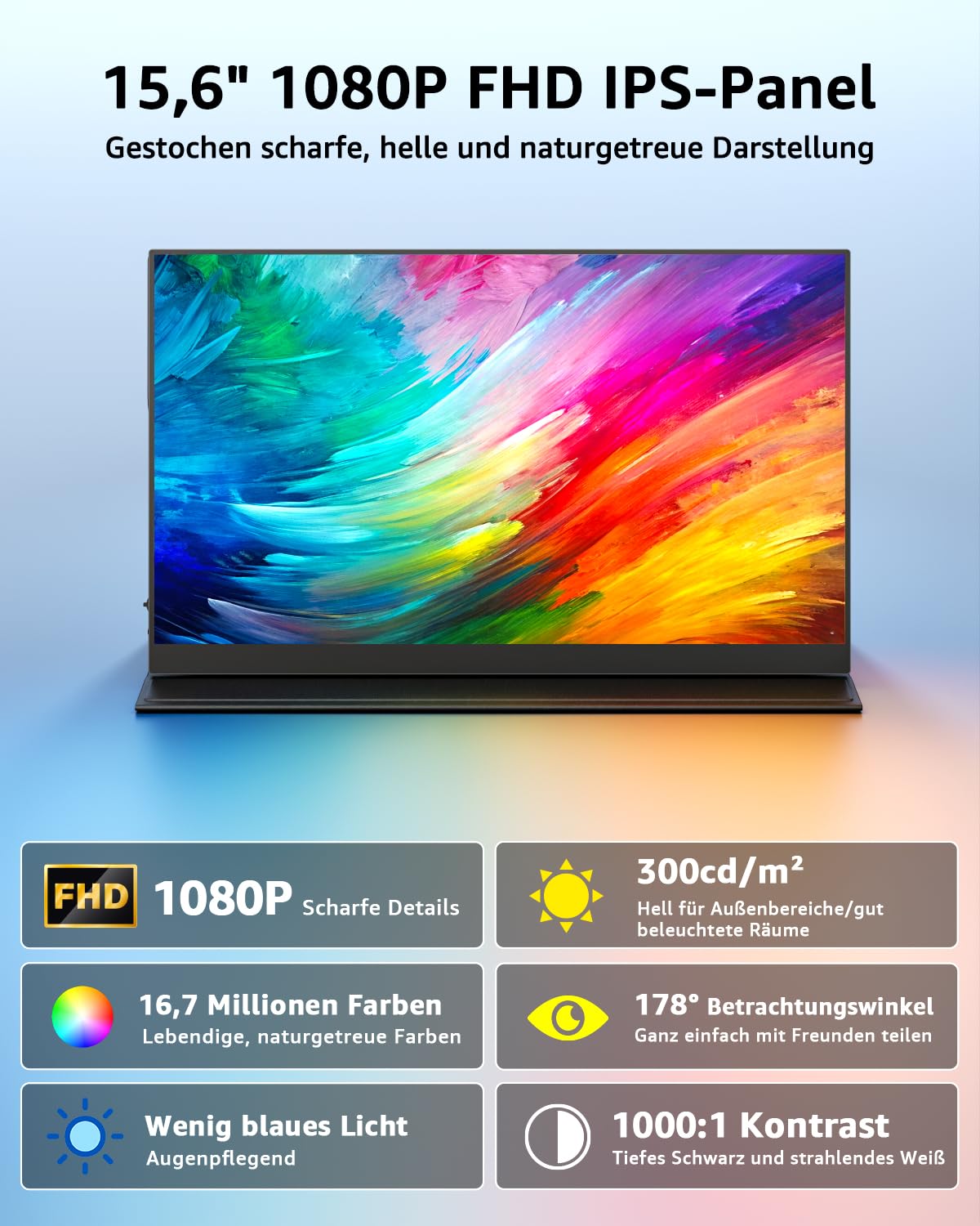 Yodoit Tragbarer Monitor 15,6 Zoll FHD IPS USB-C HDMI mit Schutzhülle Lautsprecher für Laptop PC Xbox PS5 Switch