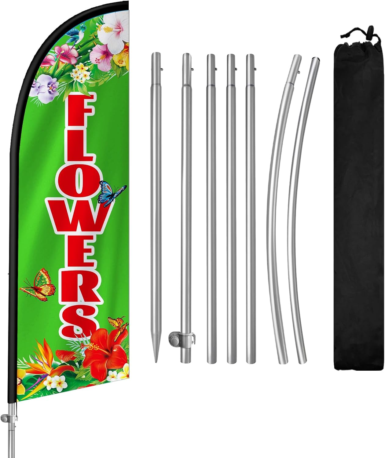 Flowers Flag for Business, Flowers Signs, 8FT Polyester Advertising Swooper Flag with Aluminium Alloy Flag Pole Kit, Stainless Steel, Ground Spike, Portable Bag