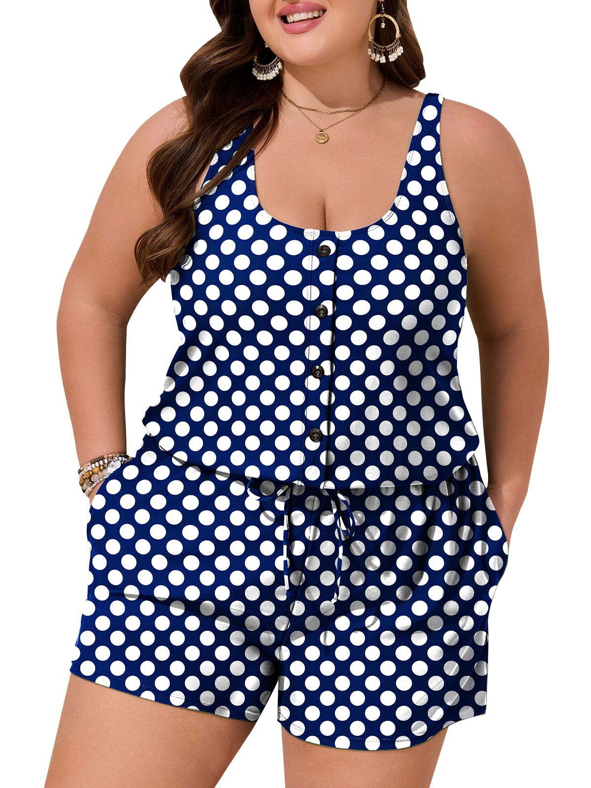 Summer Mae Plus Size Swim Romper One Piece Swimsuit Women Blouson Bathing Suit with Pockets 2026 Modest Swimwear Polka Dot 20 Plus