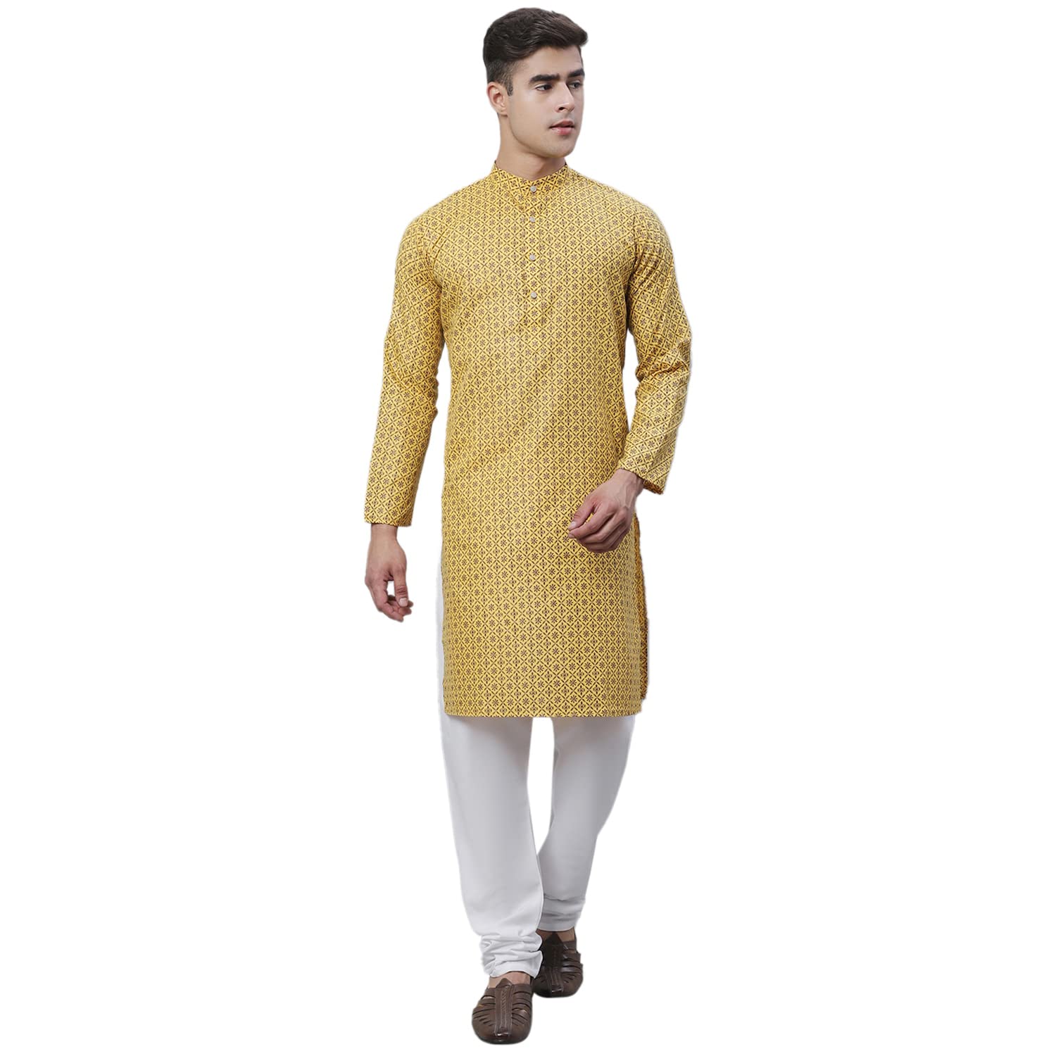 Sojanya (Since 1958 Men's Cotton Linen Mustard Foil Printed Kurta And White Pyjama Set