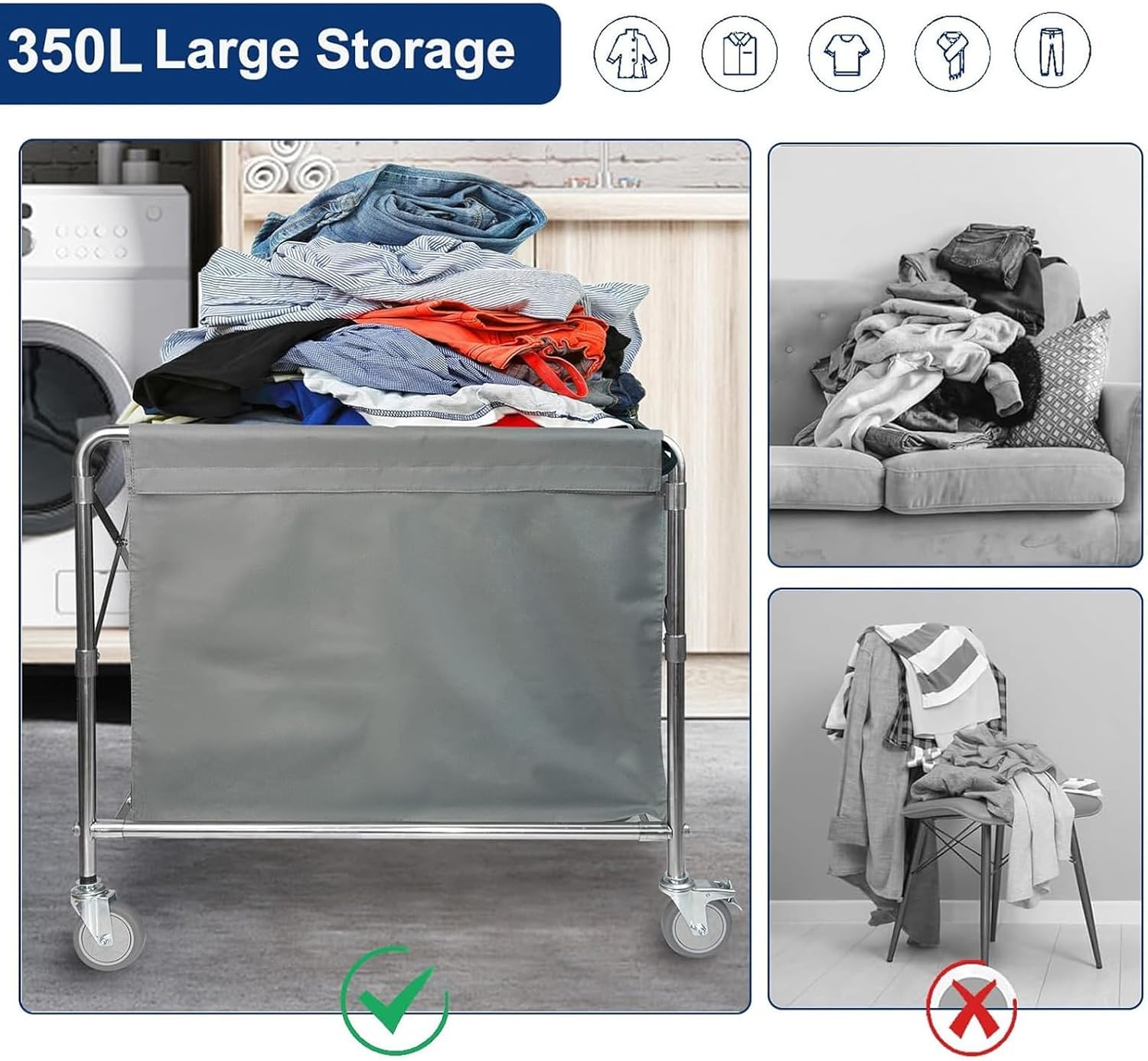 Laundry Cart Oxford Cloth Liner Bag, Large Capacity Commercial Laundry Basket Removable Replacement Bags, 350-400L Folding Basket Cart Trolley Replacement Bag(Brown,80x52x67cm)