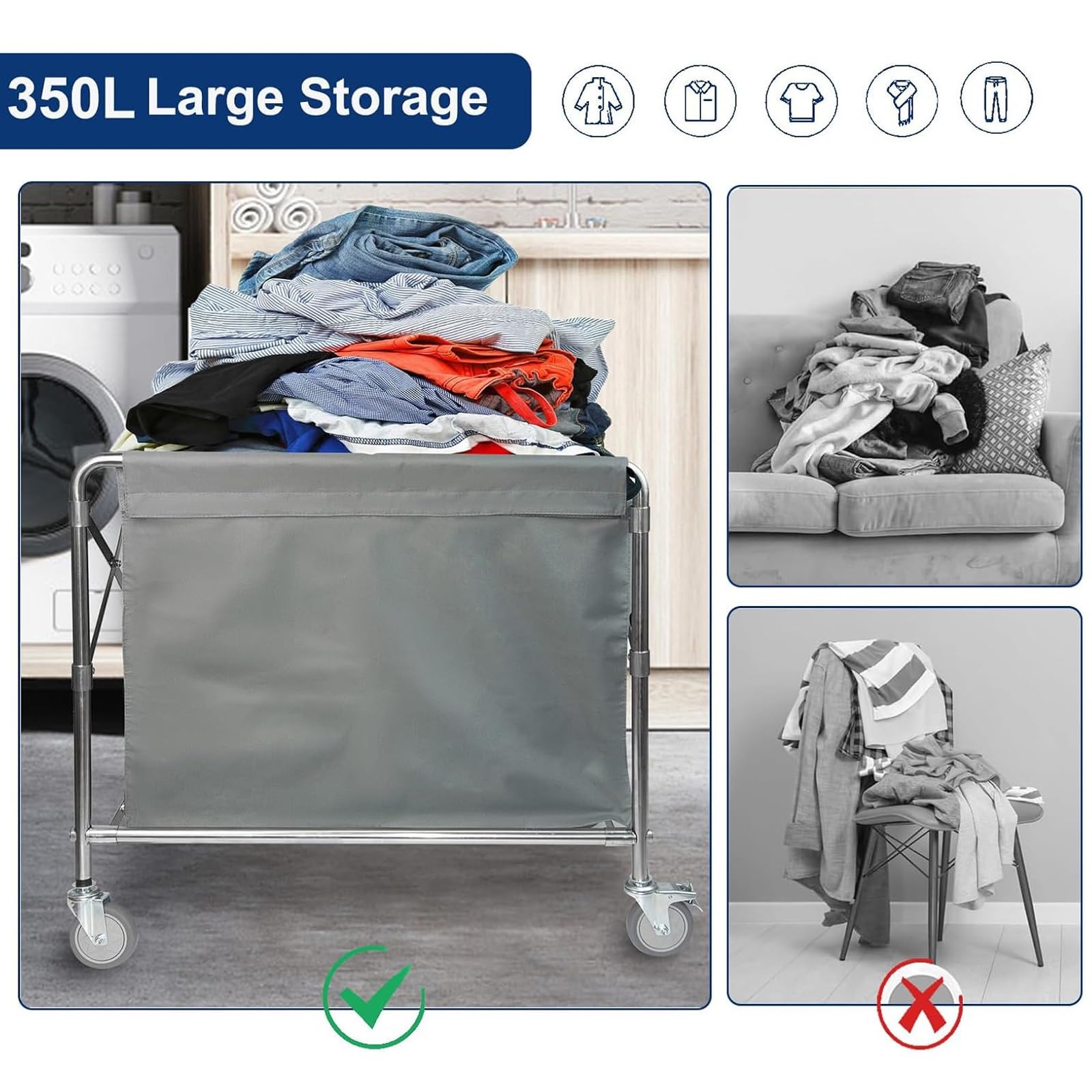 Carro Clasificador de Ropa Plegable, Cesto de Lavandería Comercial para Hotel con Estructura de Acero y Bolsas Extraíbles, Capacidad Total 280 L, Capacidad de Carga 200 Kg/440 Lb(Gray,60x90x88cm)