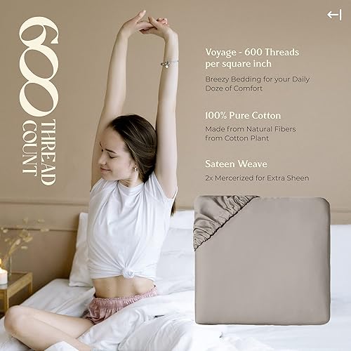 Miniatura 18 de MAYFAIR LINEN 100% Egyptian Cotton Fitted Sheet Twin Size - 600 Thread Count 16" Deep Pocket Twin Fitted Sheet Only, Soft Cooling Elastic Bottom