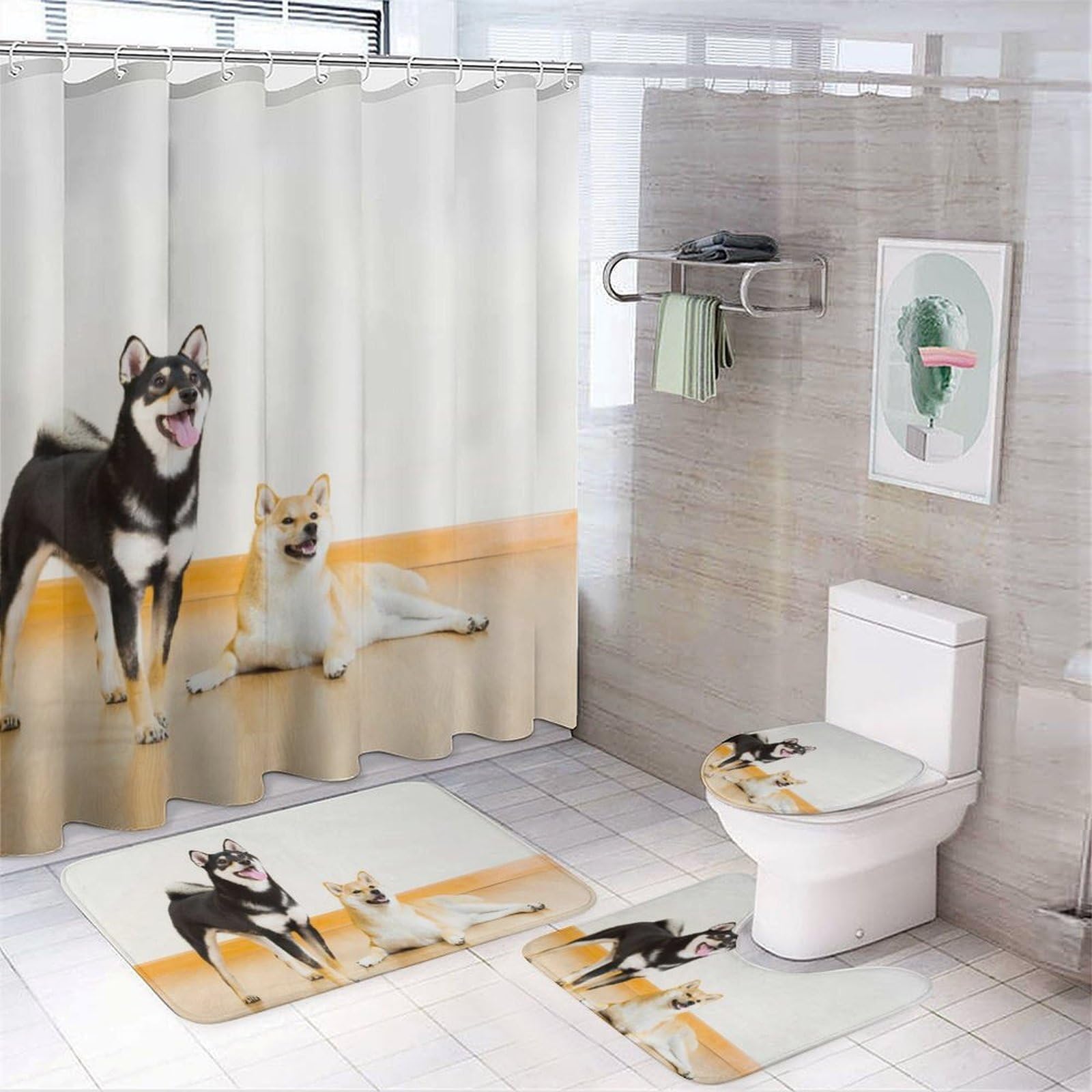 JZemdybill Bathroom Mat Set 4 Piece, Shiba Inu Dog Shower Curtain with Non-Slip Bath Mats for Bathroom