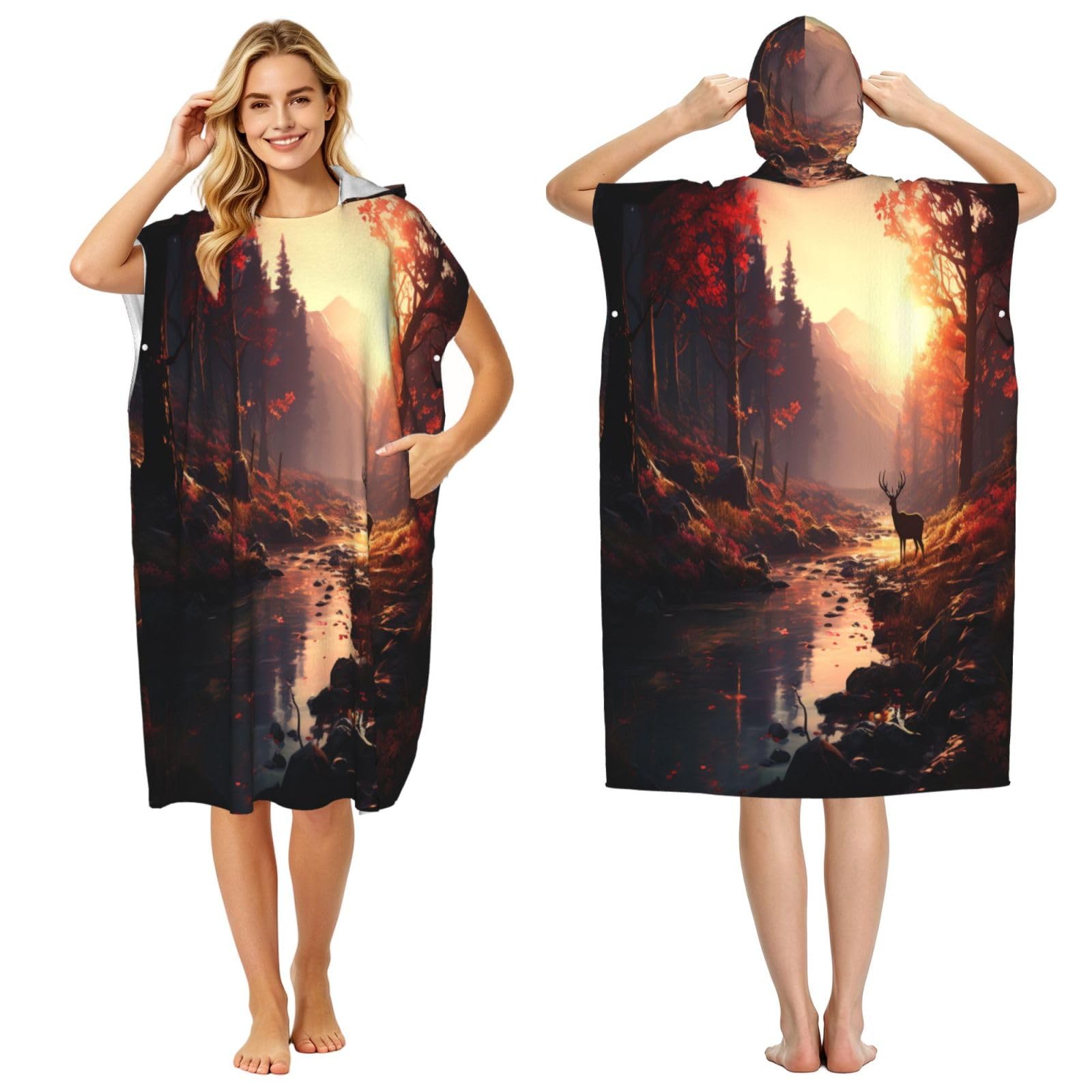 Poncho de plage à capuche pour adulte Motif cerf dans la forêt de feuilles rouges 109 x 89 cm