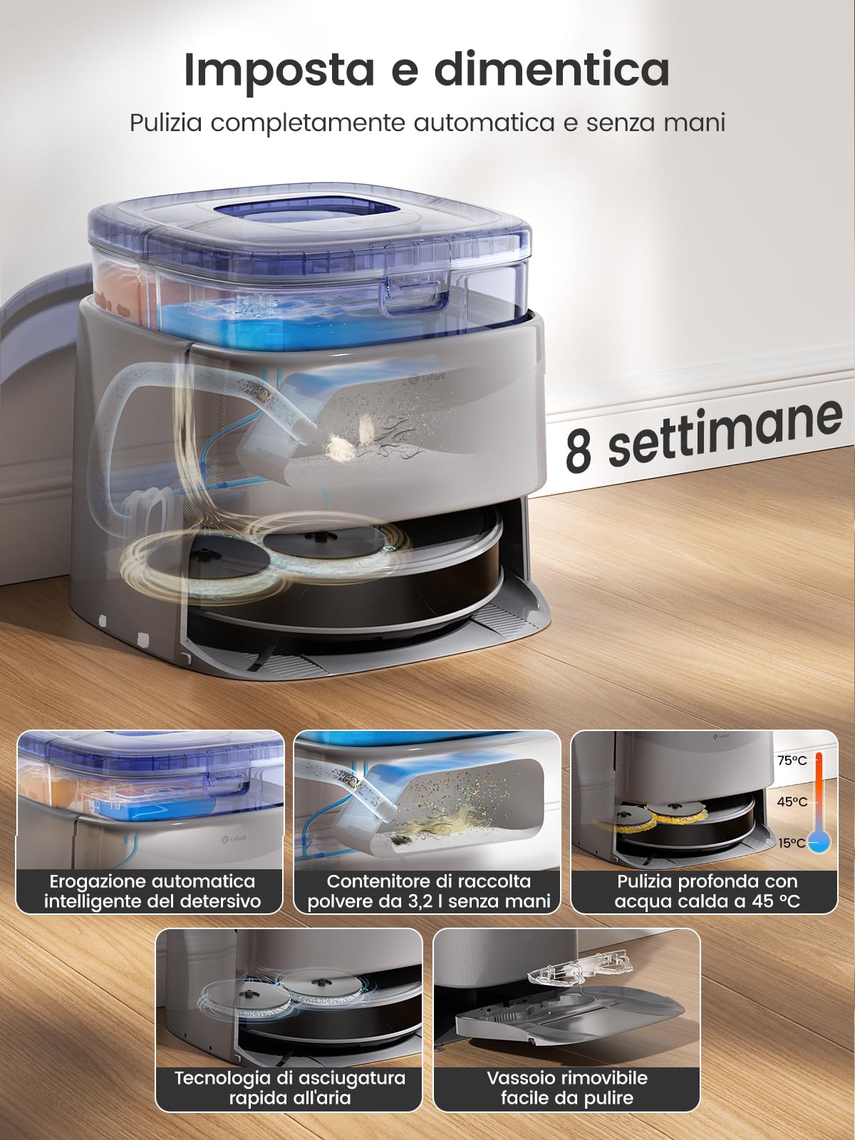 LEFANT M3 Robot Aspirapolvere Lavapavimenti con Mappatura, 12000Pa, Doppio Mop Rotante, Navigazione dToF, Evitamento PSD, Lavaggio Mop a 45°C, 3.2L Svuotamento Automatico, WiFi, Alexa/APP, Grigio