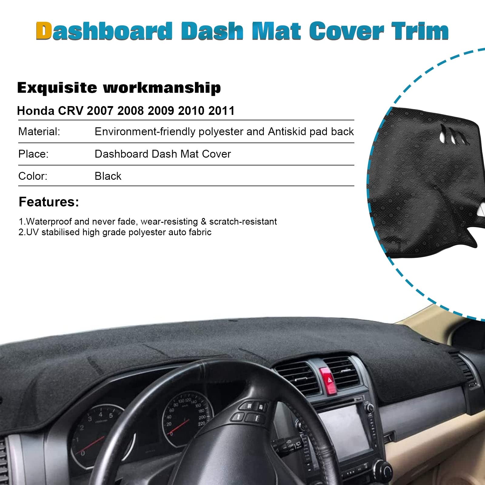 Xotic Tech Center Console Dashboard Mat Pre-Cut Non-Slip Sunshield Sun Glare Protector Dash Carpet Pad Black Cover Compatible with Honda CR-V CRV 2007-2011