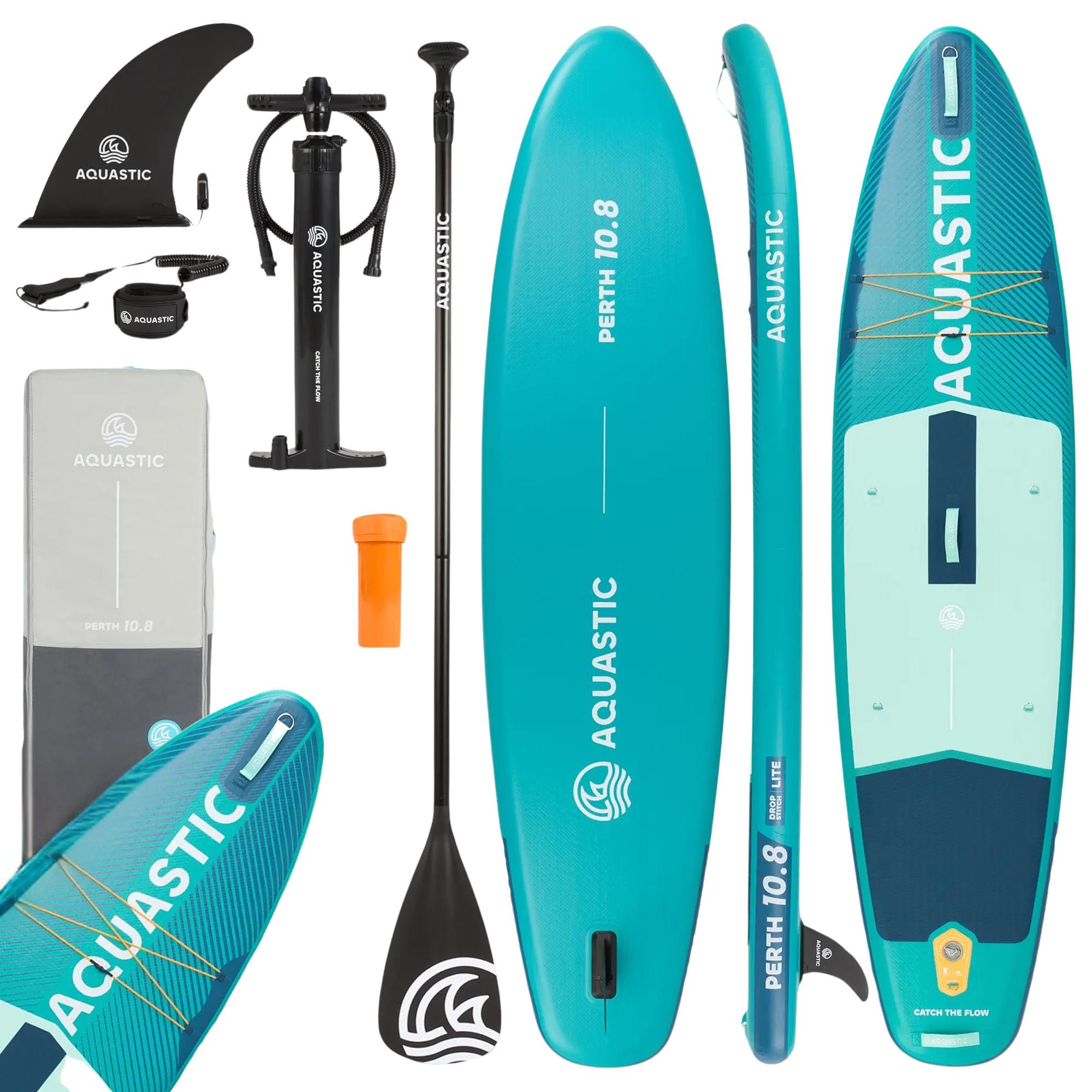 AQUASTIC Perth 10'8" Sup Board Set – Juego Completo con Remo, Asiento de Kayak, Correa de 300 cm, Bomba, Mochila, Drop Stitch Lite, Estable y Resistente, para Principiantes y avanzados
