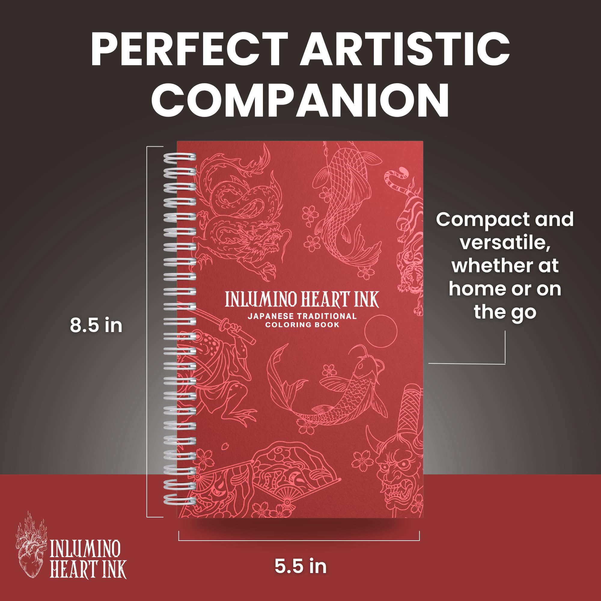 Inlumino Heart Ink Libro de práctica de tatuajes para colorear: tradicional japonés, libro de arte encuadernado en espiral con 40 diseños en páginas texturizadas de 240 g/m², uso con cartuchos de