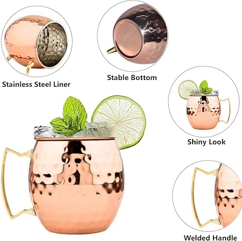 Miniatura 2 de BOLD & DIVINE Juego de 4 tazas Moscow Mule chapadas en cobre, tazas de cobre martillado de 18 onzas con forro de acero inoxidable, asas doradas y