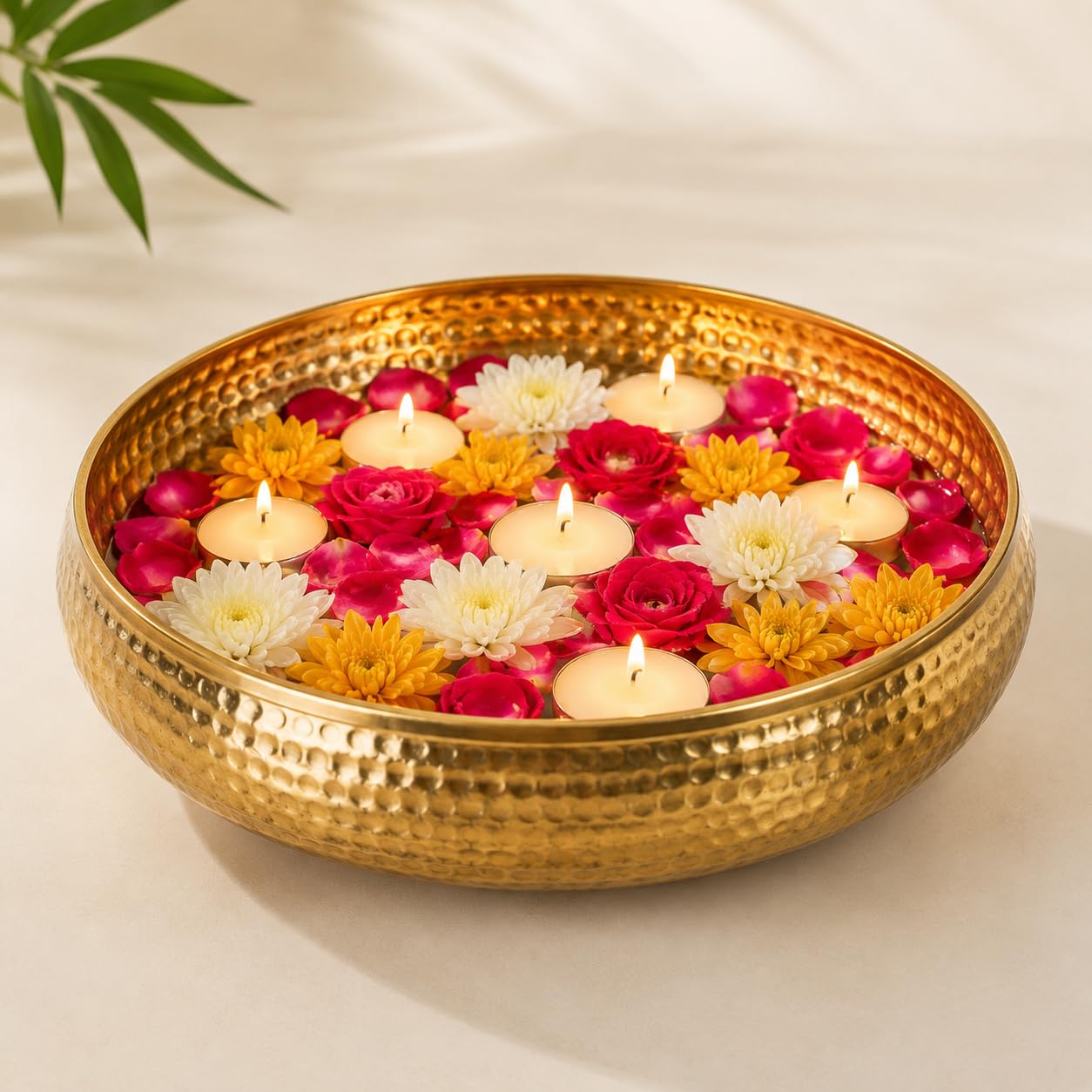 Antique Round Hammered Urli Bowl, Home Decor, Floating Flowers & Tea Light Candles | Potpourril Metal Bowl for Living Room, Temple, Center Table & Festive Decoration |5 inch-image-7