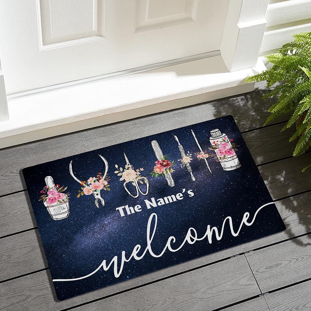 Personalized Welcome Nail Salon Doormat - Custom Name Door Mat, Beauty Salon Floral Manicure Tools Front Door Rug, Accessories Style 16 x 24 inches