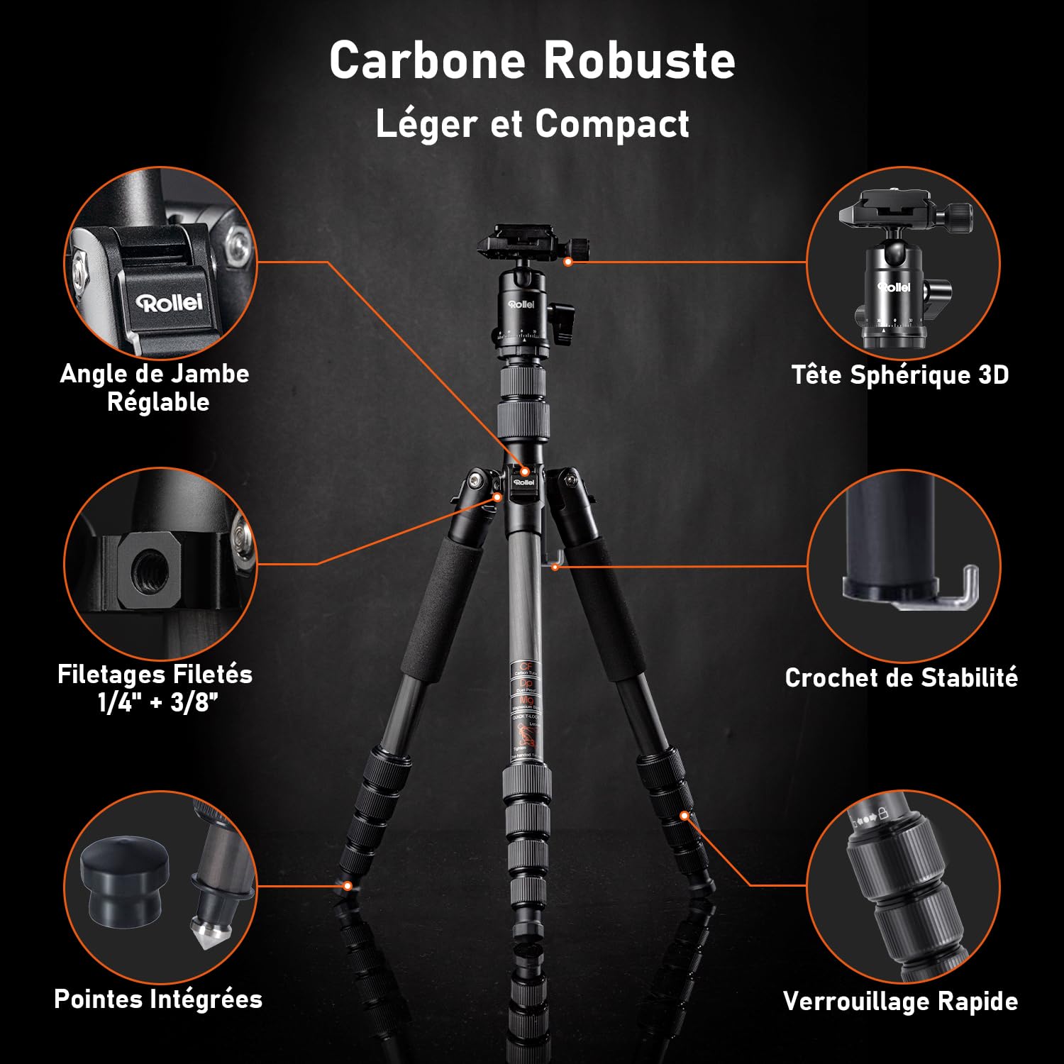 Rollei Compact Traveler No.1 Carbone Noir, 145cm Trepied Appareil Photo Voyage avec Rotule Ball & Téléphone Support Trépied Ultra Léger pour Sony Canon Nikon DSLR, Trepied-Appareil-Photo-Tripod-Voyage