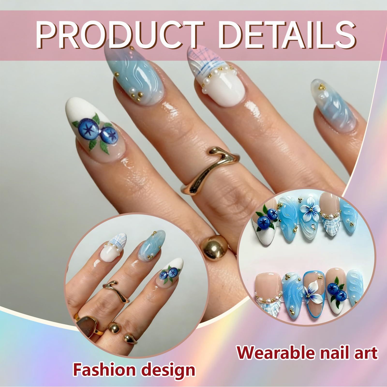 30 pezzi 3D boho blu Press on Nails: design a mandorla oceano con conchiglia e perline, fiori in rilievo, unghie artificiali con cuscinetti adesivi e lima da donna.