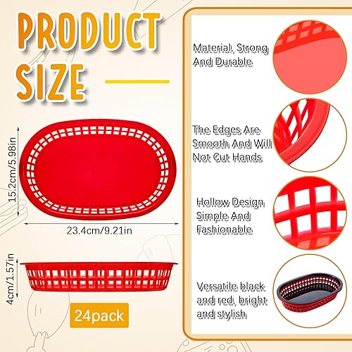 Miniatura 2 de Tenceur 24 cestas de comida rápida, 600 hojas a cuadros, canastas para servir alimentos, bandejas de plástico para alimentos con papel pergamino