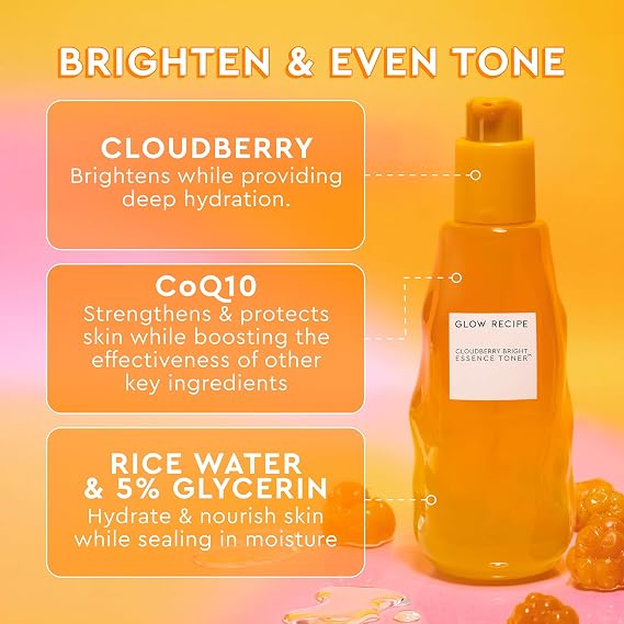 Glow Recipe Cloudberry Brightening Essence Toner (75 ml) - CoQ10 Face Toner to Strengthen Skin Barrier + Niacinamide Dew Drops Facial Serum & Illuminating Makeup Primer for Glowing Skin (15 ml)