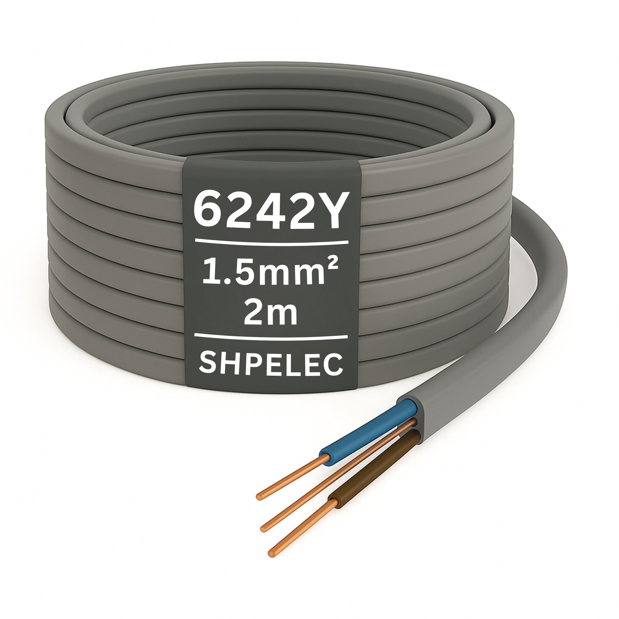 SHPELEC® 6242Y Twin and Earth Cable 1.5mm – 1m | 6242YH BASEC Approved Grey T&E | Lighting & Low-Load Circuit Wire, Solid Copper (1 Metre, 1.5mm²)