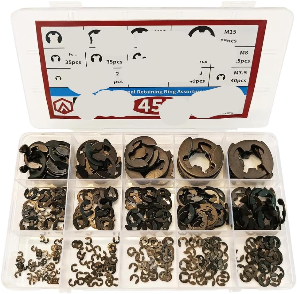 455Pcs E Clip External Retaining Rings Assortment Set Carbon Steel C Clip Kit 14 SAE Sizes Circlip Snap Rings Compatible With Various Retaining Ring Applications(455pcs E-Clip)