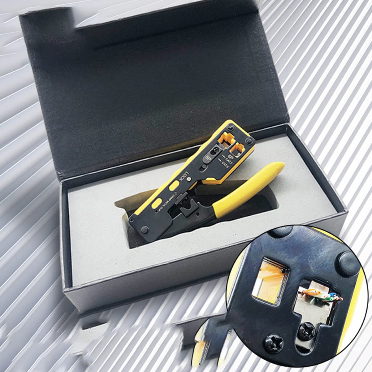 Pinza Crimpatrice Rete Cat 7 a Foro Passante, Doppio Uso | Sgancio Rapido a Cricchetto Cavità 6p/8p Acciaio Utensile e Abs per Rj-12 , Rj-11 e Rj-45