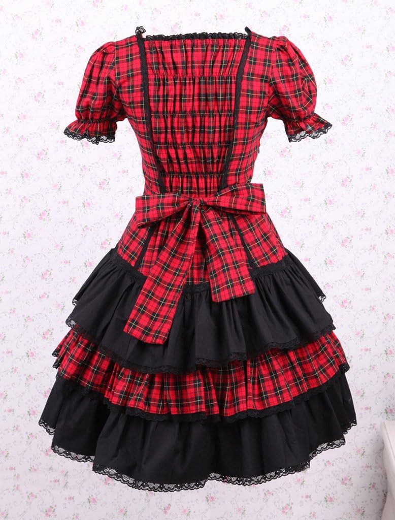 Hugme Cotton Short Sleeves Black and Red Shepherd Check School Lolita Dress