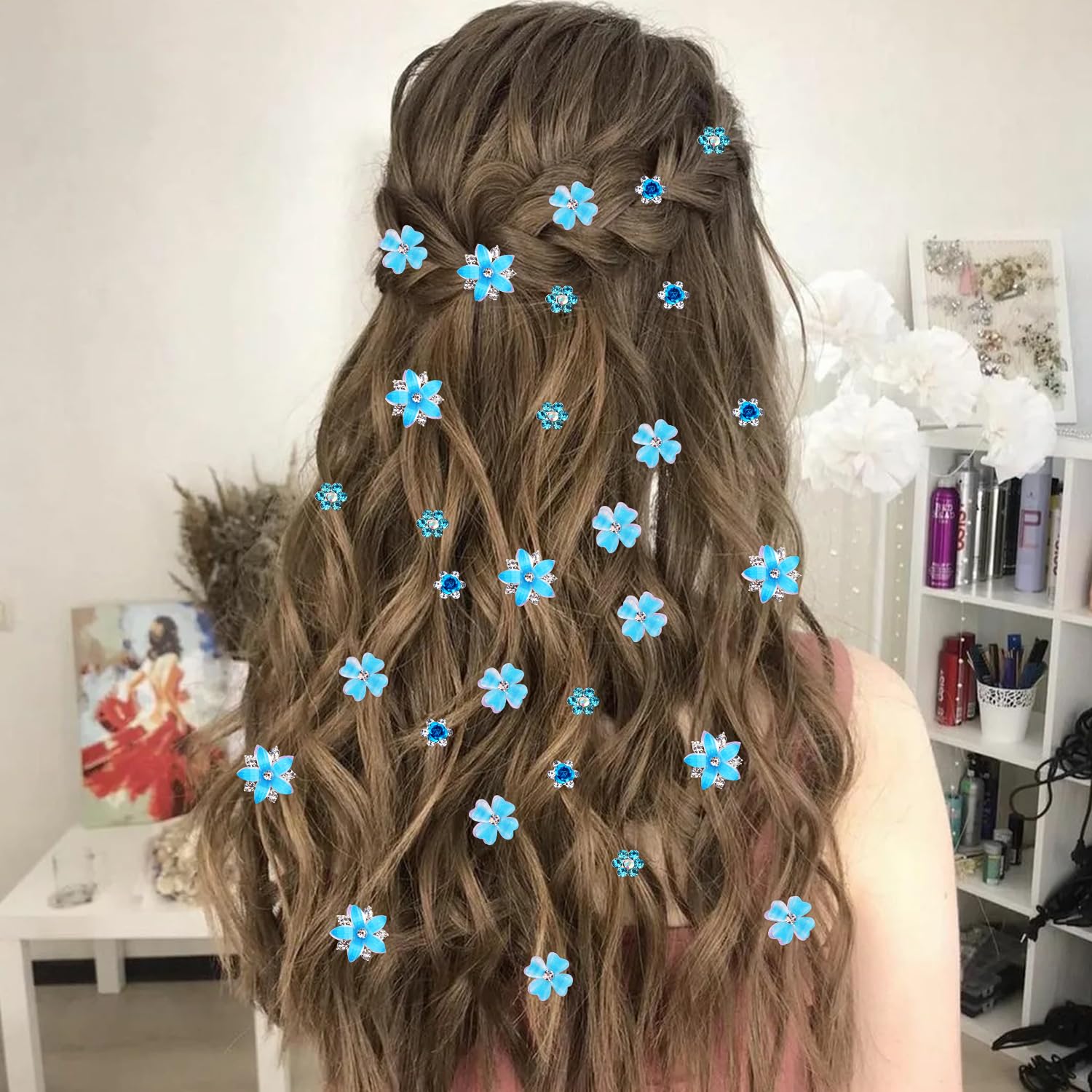 Atoden Mini Rhinestone Flower Hair Clips Small 20Pcs Blue Glitter Tiny Decorative Hair Pins Barrettes Floral Wedding Bridal Hair Accessories for Women Girls Teens image 3