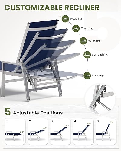 Miniatura 4 de Tumbona para patio al aire libre con ruedas y reposabrazos, sillas de aluminio para piscina reclinables ajustables de 5 posiciones, sillas de playa