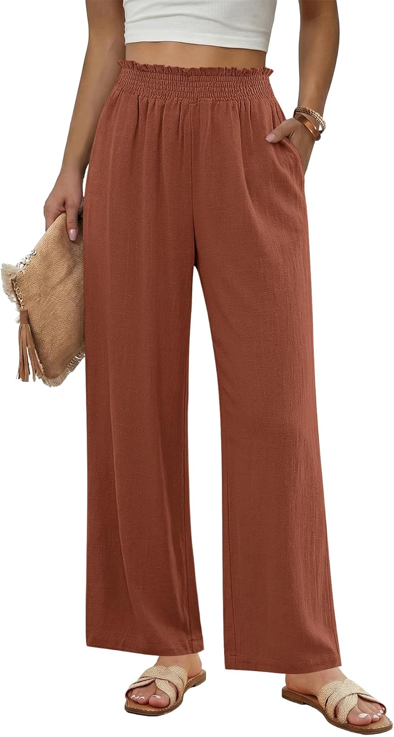 GRAPENT Wide Leg Summer Pants for Women Casual Linen Pants for Women Ladies Pull On Beach Vacation Outfits Woman Pull On Trousers Palazzo 2026 Rust Size Large US 12 to 14