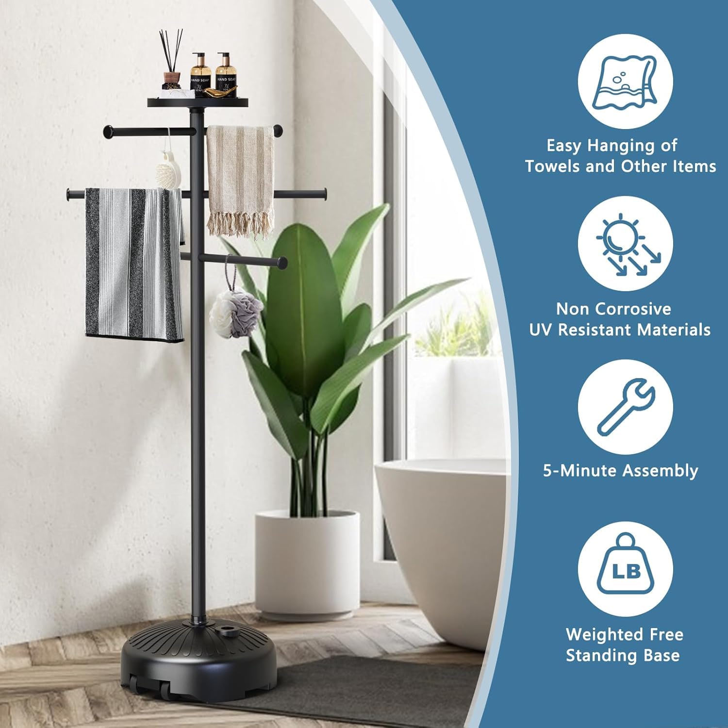 Toallero de piscina de 63 pulgadas con ruedas para interior y exterior, toallero con compartimento de almacenamiento, 6 barras ajustables, accesorios de tubo caliente, toallero independiente para