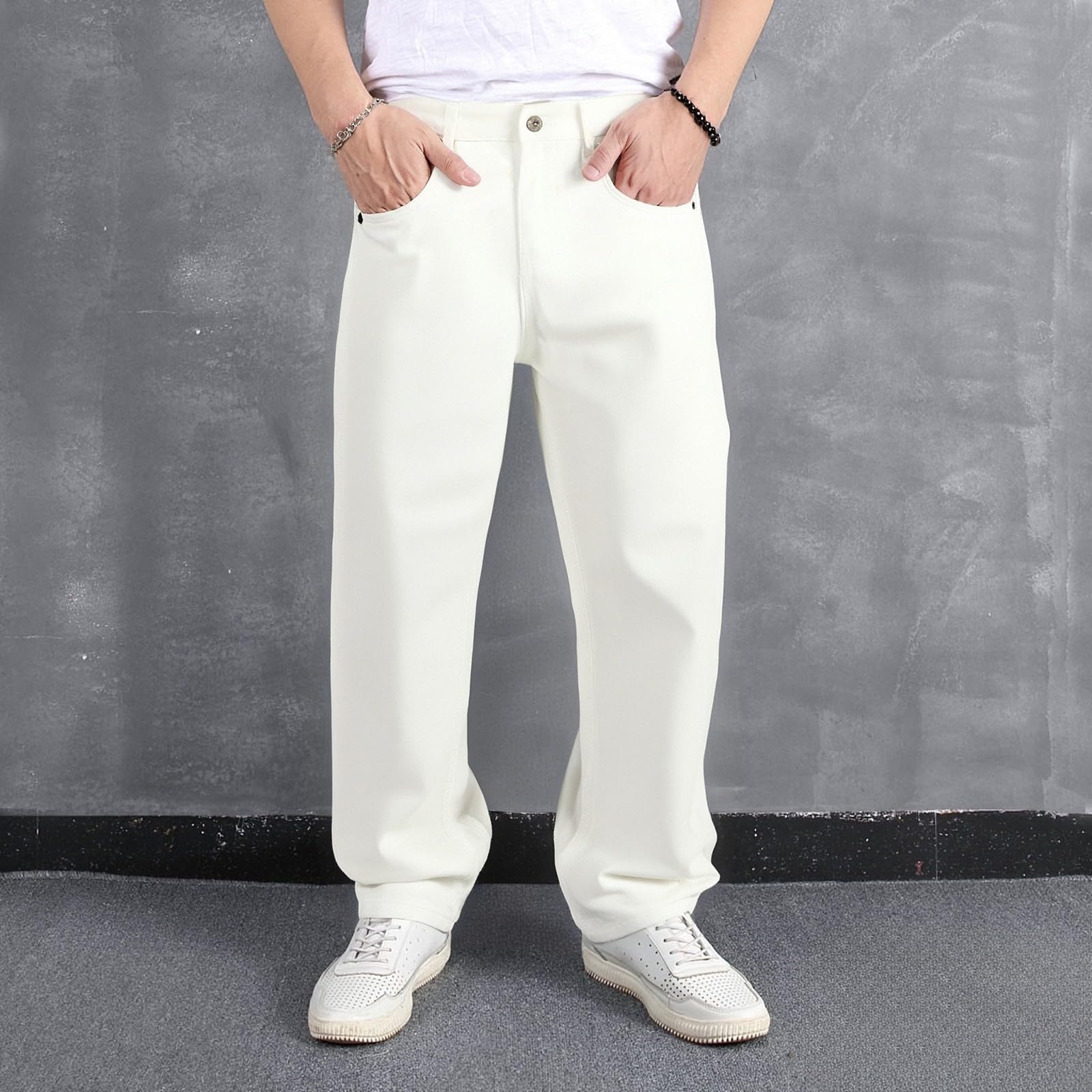 Jeans da uomo baggy lavabili, pantaloni jeans a gamba dritta, vestibilità rilassata, pantaloni in denim, classici basici, pantaloni invernali in tinta unita