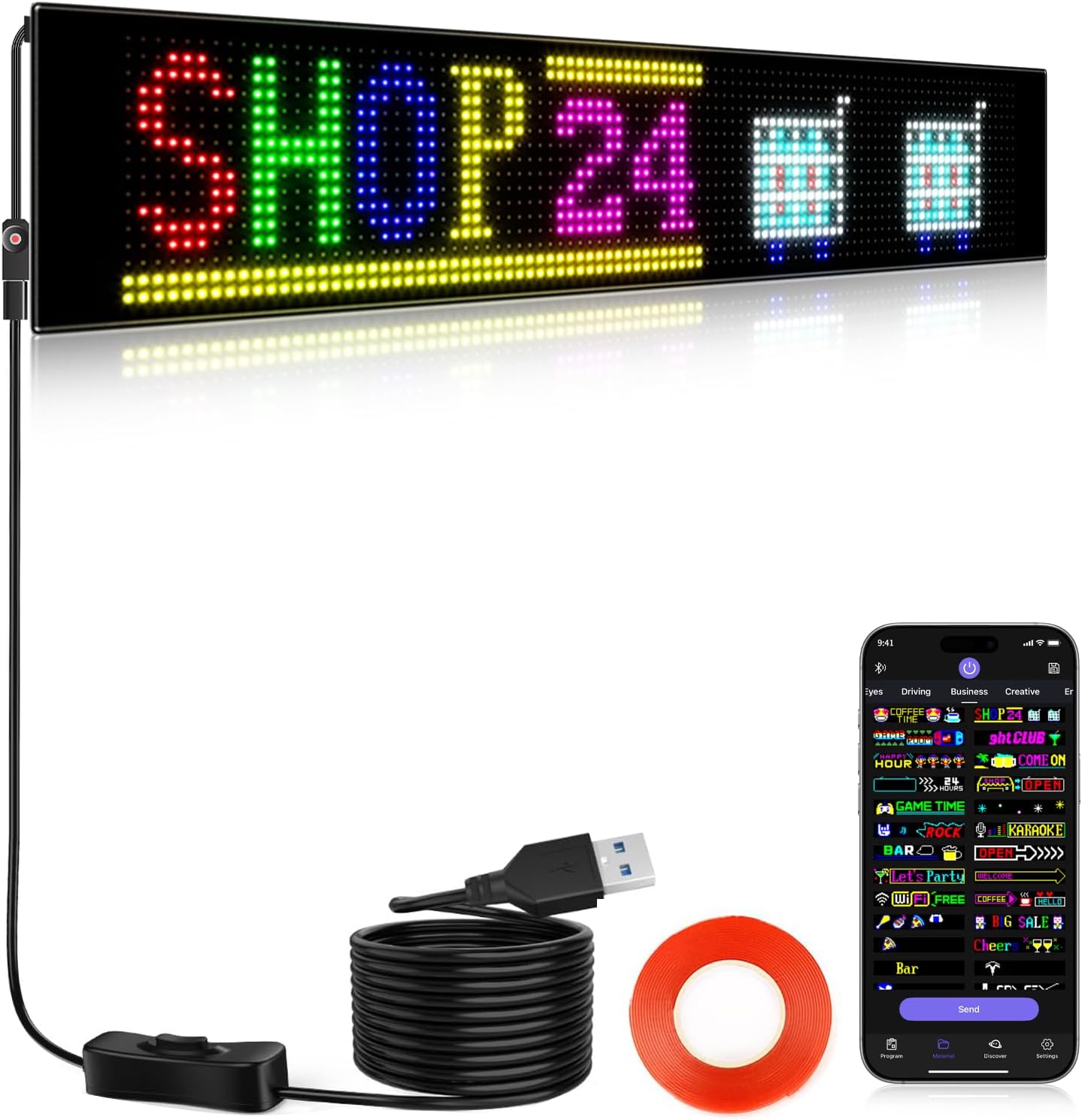 KJOY Huge Bright Devil Eyes LED Light for Car，23''x5'' Flexible Digital Scrolling LED Display，Bluetooth APP Control Custom Text Pattern Animation LED Store Sign for Car Business Hotel School（1pcs）