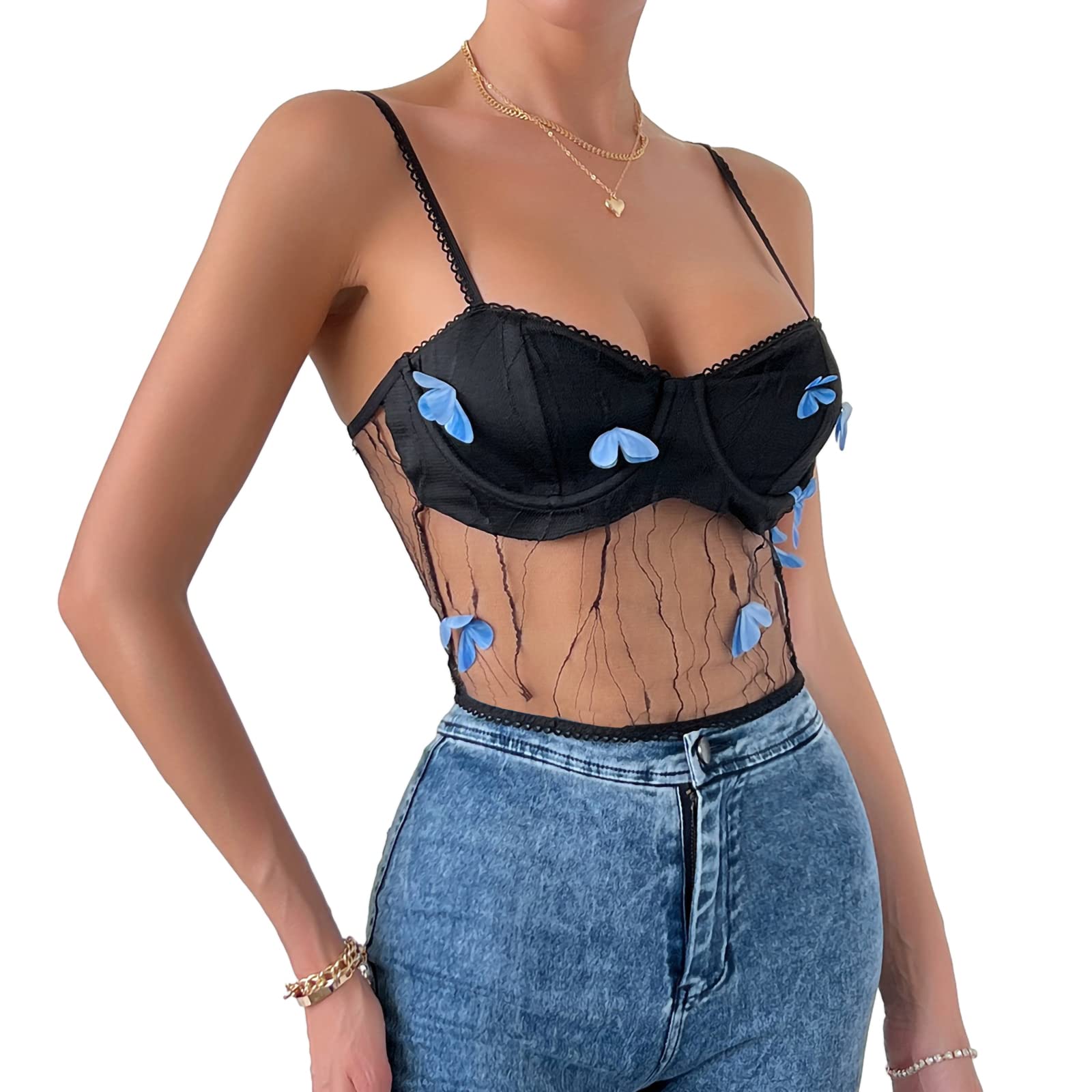 MubineoWomen Camisole, Spaghetti Straps Butterfly See-through Patchwork Slim Fit Summer Tops for Party Club