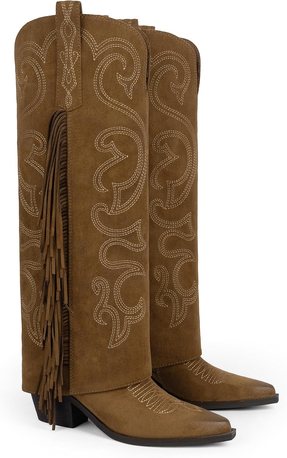 QIY Women's Knee High Cowboy Boots Cowgirl Fold Over Fringe Boots for Women Western Embroidery Pointy Toe Chunky Block High Heel with Half Zipper for Country Music Festivals Rodeo