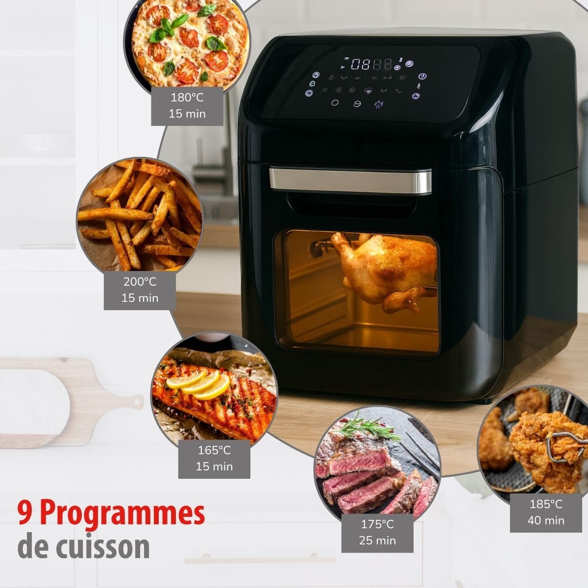 alpina Air Fryer XXXL - Friteuse à air chaud 12L - Air Fyer 8 personnes et plus - Four à air chaud avec affichage numérique - accessoires inclus - Broche à rôtissoire et fourchette à creuser